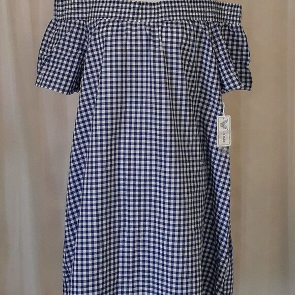 GO COCO Blue Plaid Off Shoulder Dress 1XL - NEW - Picture 4 of 5